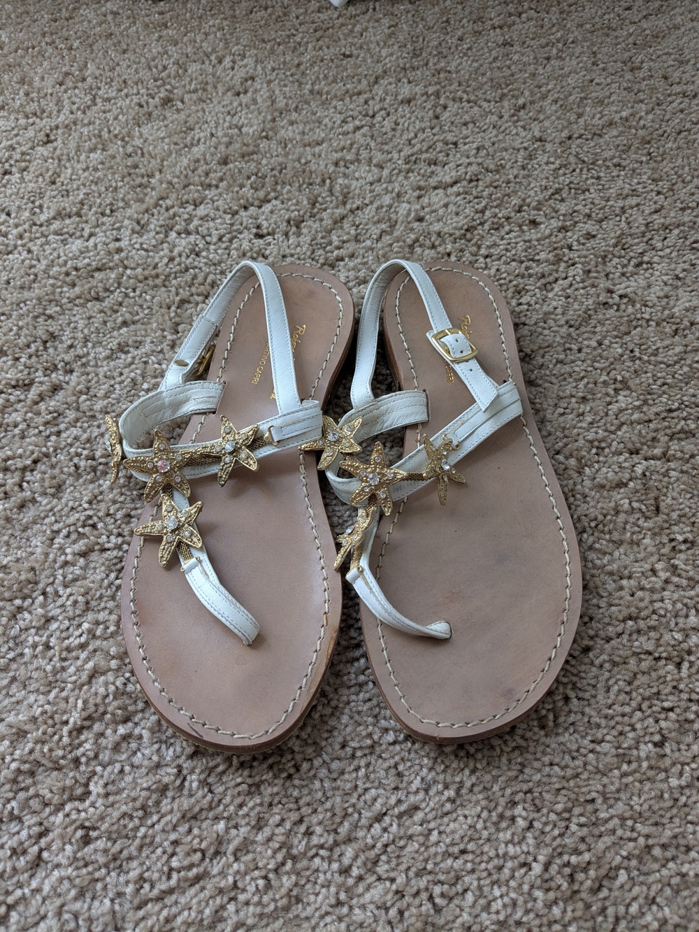 Women’s White Capri Sandal with Gold Starfish Accents